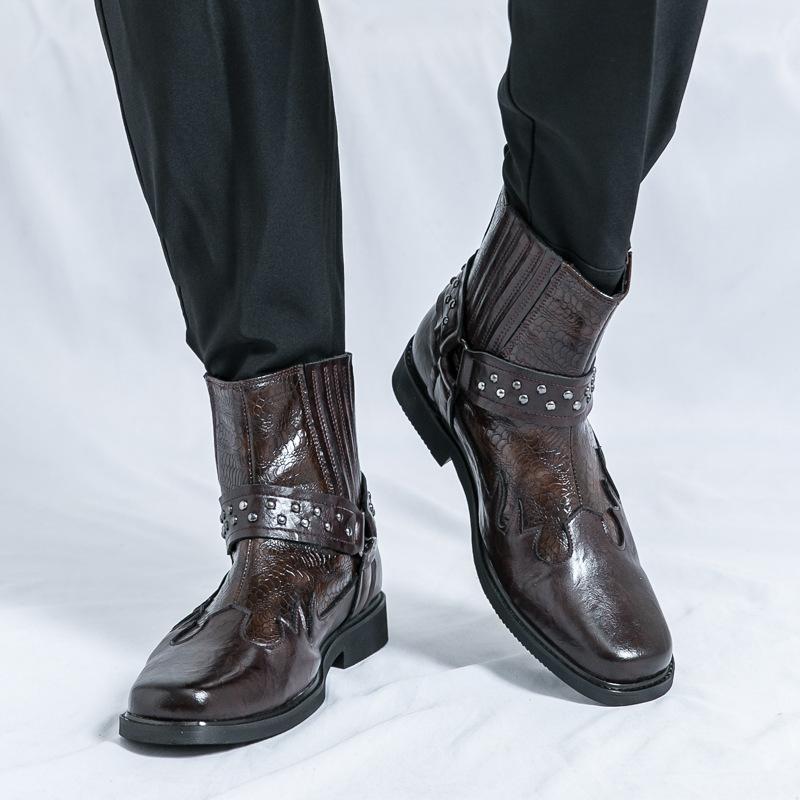 Factory Foreign Trade New European and American Men's Short Boots Embroidered Thick Heel Retro British Martin Boots High-top Locomotive Boots