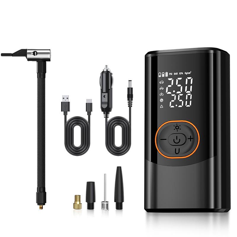 Portable air compressor with digital pressure gauge, 150PSI rechargeable battery, LED light, wireless tire inflator, and USB Type-C interface.