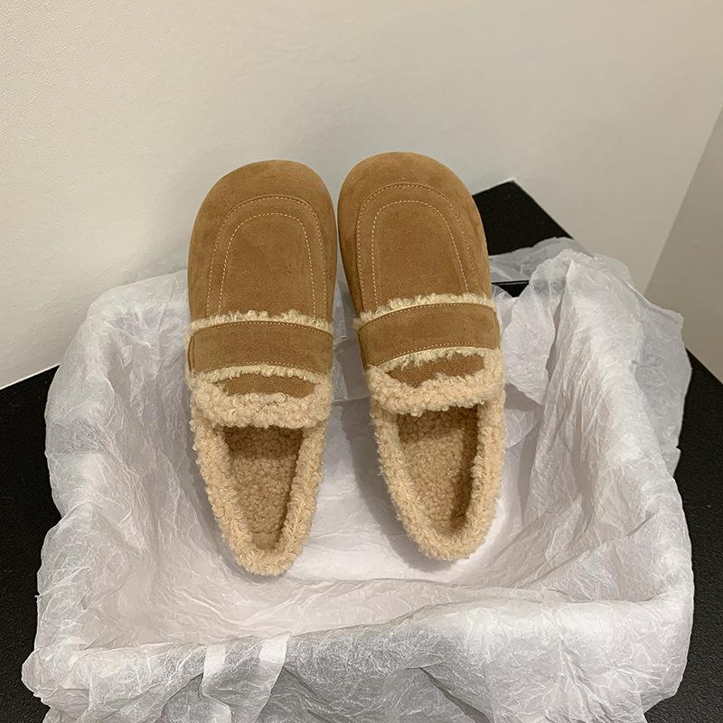 Retro Doudou shoes women's 2025 winter new fleece thickened casual soft-soled fluffy shoes one-pedal flat cotton shoes