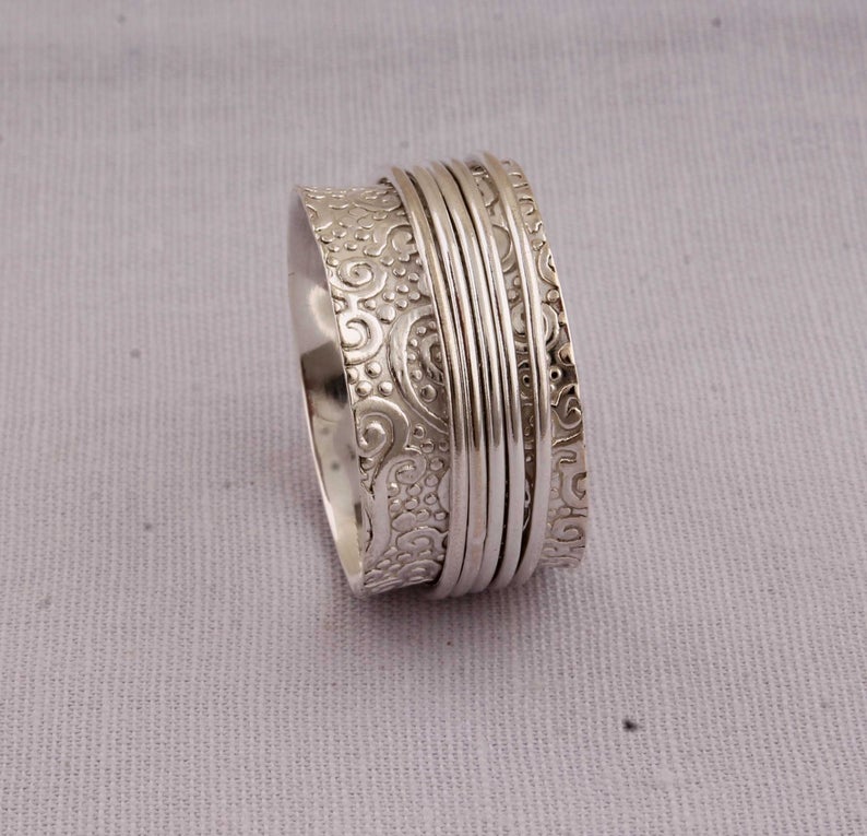 Anillo giratorio de meditación de diseñador, joyería de plata de ley 925, anillo hecho a mano, anillo llamativo