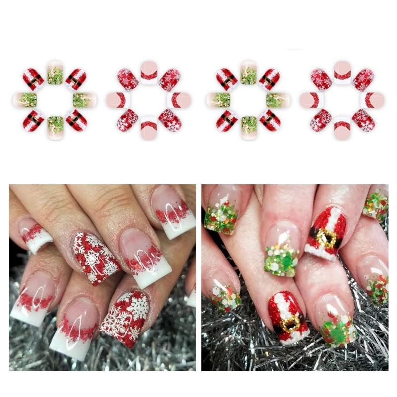 48 Pcs Glittering Artificial Nails Snowflake False Nails Christmas Full Cover Stick On Nails Short Square Press On Nails