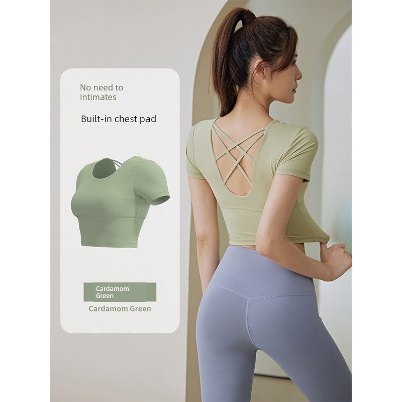 

Женская одежда для йоги с нагрудником, шорты для бега с коротким рукавом, спортивные профессиональные быстросохнущие топы, облегающая летняя новинка, фитнес-летняя футболка Cardamom green short sleeve S