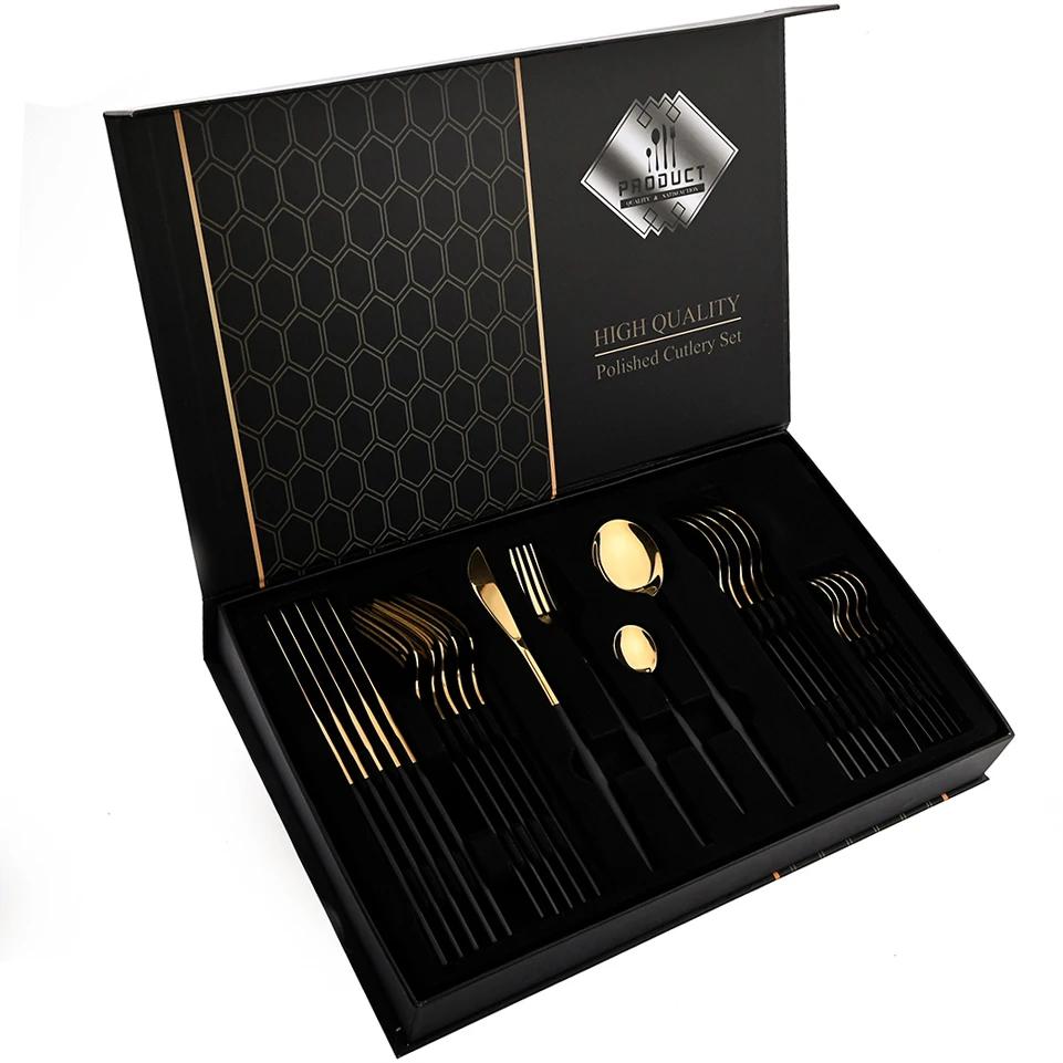 24Pcs Tableware Sets Stainless Steel Cutlery Spoon Fork Knife Mirror Dinnerware Kitchen Western Silverware Gift Box Set Flatware