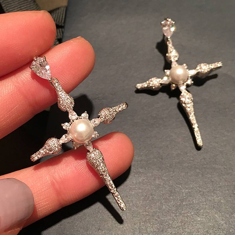 

Huitan Aesthetic Cross Drop Earrings for Females Party Engagement Celebration Chic Imitation Faux Pearl Decorations Adaptable Fashion Jewelry with
