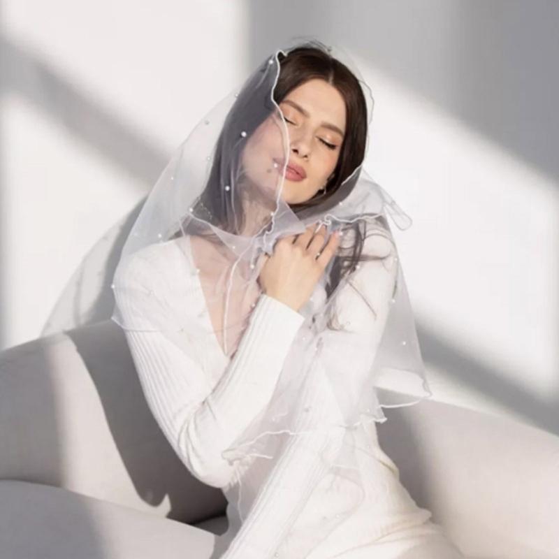 Elegant Pearls Embellished Tulle Scarf for Women Weddings Parties Bridal Mesh Veils Evening Dress Shawl Wraps Capes
