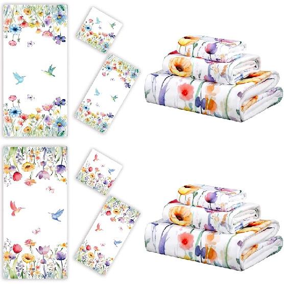 Set of 6 Floral Towel Set Includes 2 Bath Towels 2 Hand Towels 2 Washcloths, Soft Absorbent Hand Towels Decorative Guest Towel Bathroom Towel Set, 3
