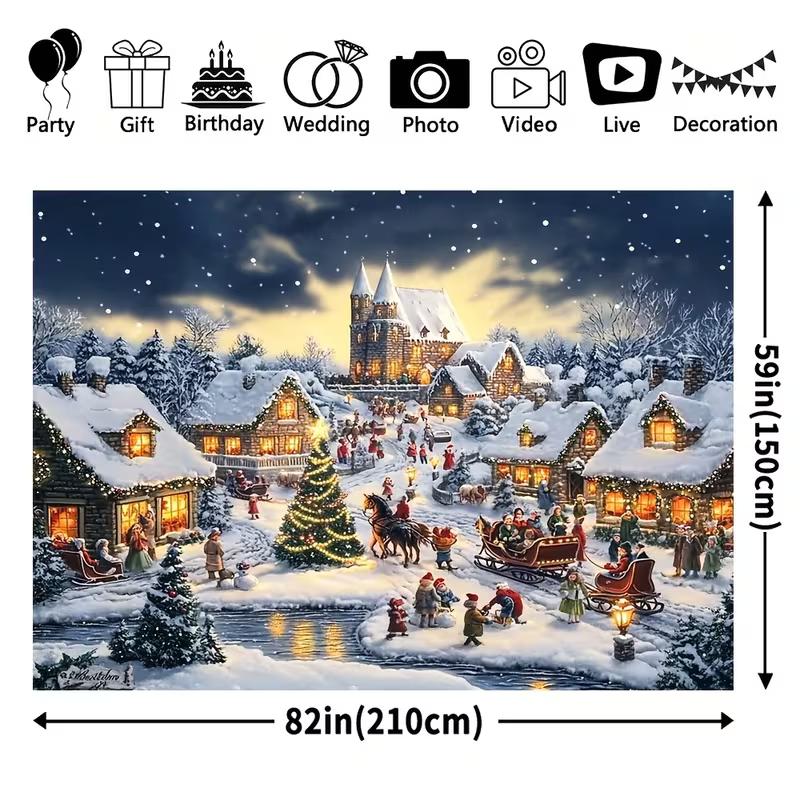 2D Cozy Winter Christmas Backdrop, Snow-Covered Village with Lights & Holiday Activities