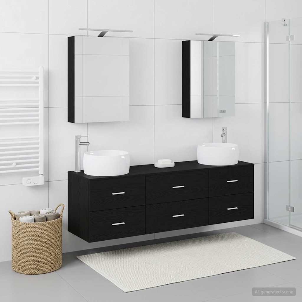 5 Piece Bathroom Furniture Set Black Oak Engineered Wood and Glass