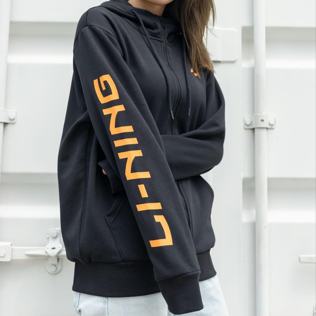 Li Ning Sports Fashion Collection Logo Print Fleece Lined Thermal Hooded Zippers Jacket Unisex New Standard Black AWDPD23-11