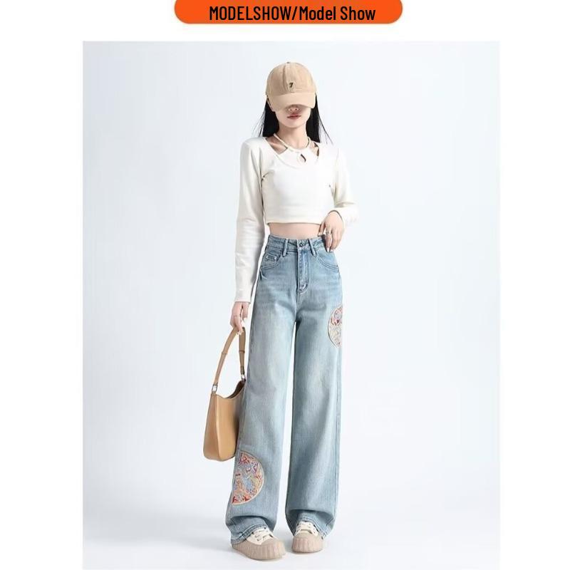 

2024 Spring/Autumn Chinese Style Embroidered Jeans: Women s Light Color Straight Wide-Leg Pants Trend XL синий