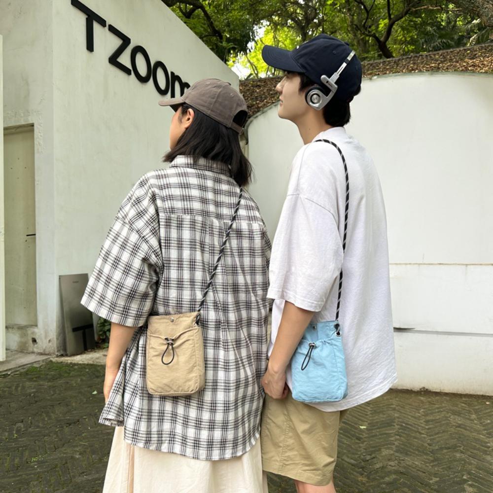 Korean Fashion Mini Nylon Shoulder Bag For Men Women Chic Crossbody Bucket Bag Casual Small Handbag Drawstring Purse Phone Pouch