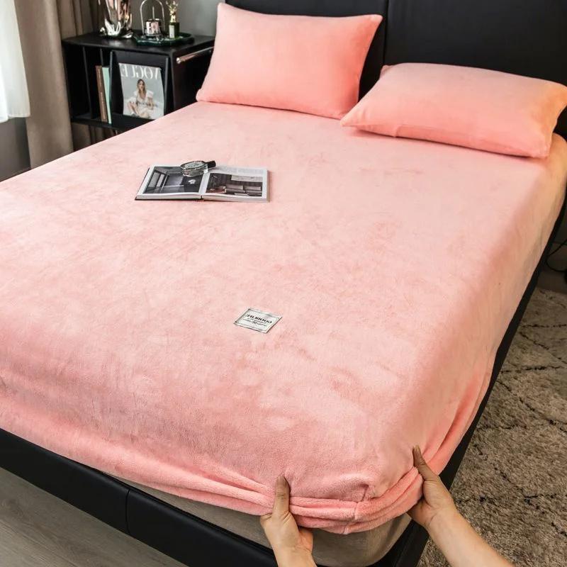 Yumuşak Sıcak Peluş Fitted Sheet Elastik Yatak Örtüsü Kabarık Mercan Polar Yatak Örtüsü Kış Çift Lüks Çift Kişilik Yatak Örtüsü