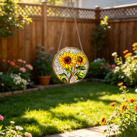 Sunflower Window Decor, Shatterproof Acrylic Glass Style Hanging Ornament with Rainbow Prism Effect, Easy Install Chain Included for Doors Patio,