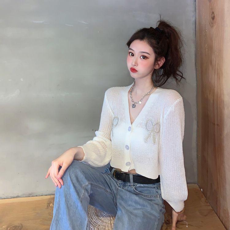 Women's Spring/summer Short Heavy-duty Embroidered Bowknot Thin Sun Protection Long-sleeve Knit Cardigan Top