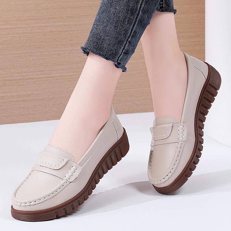 Женские слипоны в корейском стиле мягкая подошва натуральная кожа - Удобные универсальные весенне-осенние бобы на подошве из бычьей жилы 38 грязно-белый 2090₽