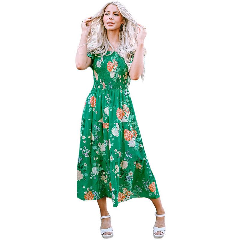 

Spring Women s Square Neck Printed Pullover Dress - European & American Trendy Long Skirt X-Large