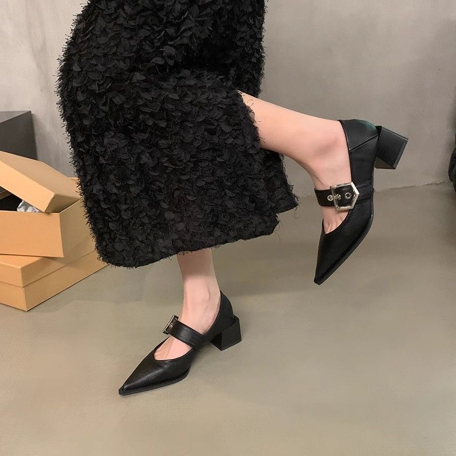 British Style Retro Pointed Mary Jane Small Leather Shoes Women's 2025 Spring and Autumn New Korean Version Thick Heel Shoes Loafer Single Shoes