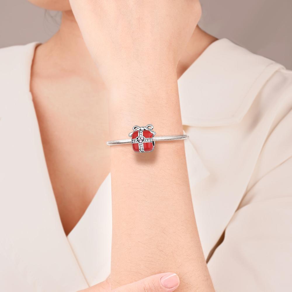 New Copper Red Rose Flower & Gift Box Dangle Charm Fits Brand Bracelet Diy Merry Christmas Jewelry Pendant Gift