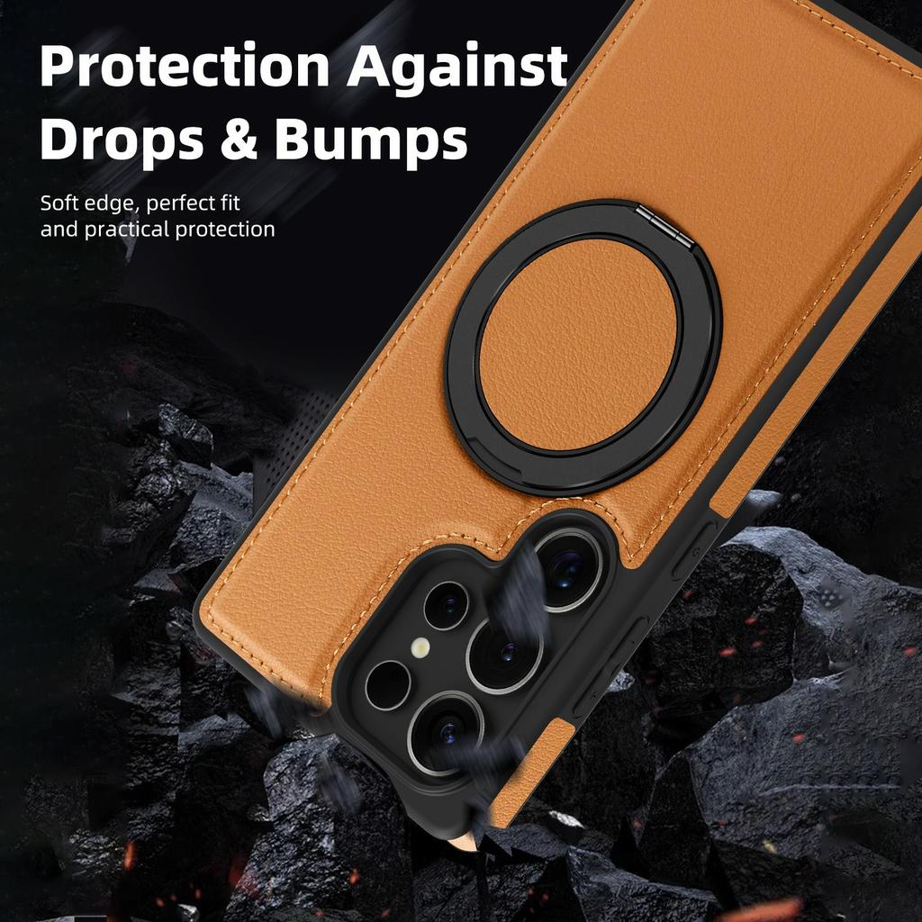 For Samsung Galaxy S25 Ultra Case with Ring Kickstand Magnetic Case PU Leather Back Cover