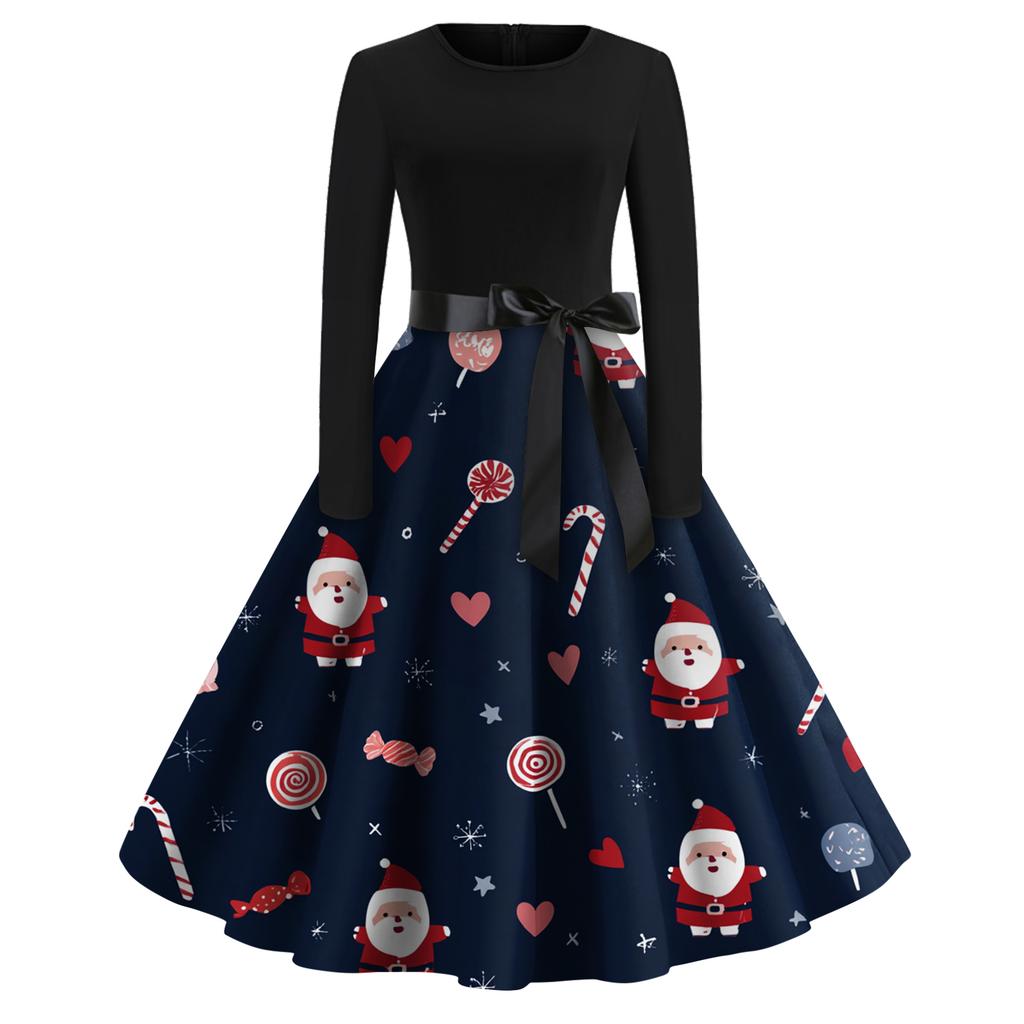 Women's Fashion Round Casual Slim Fit Christmas Print Large Swing Long Sleeve Dress