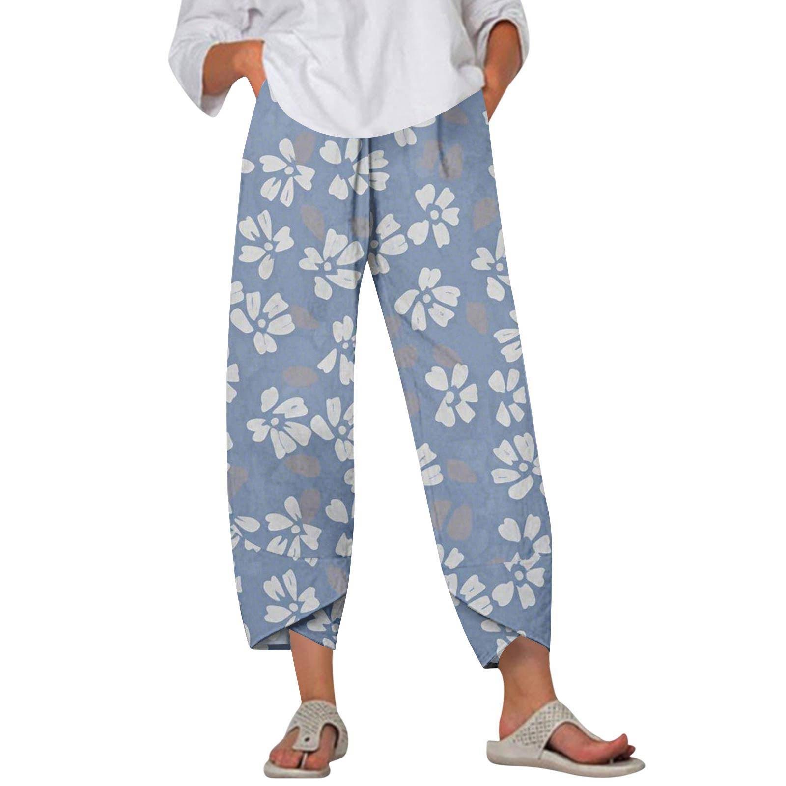 

Брюки женские летние повседневные широкие брюки с эластичной резинкой на талии и принтом с карманами XL синий