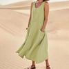 Summer Sleeveless Pocket Dress Cotton Linen Blend European American Style 19 Colors