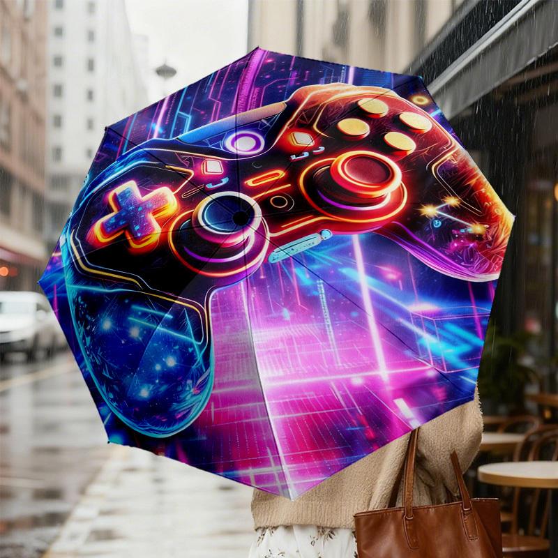1pc Neon Gaming Controller Pattern Umbrella Design Automatic Opening and Closing Umbrella, High-quality Travel Umbrella, c1128158