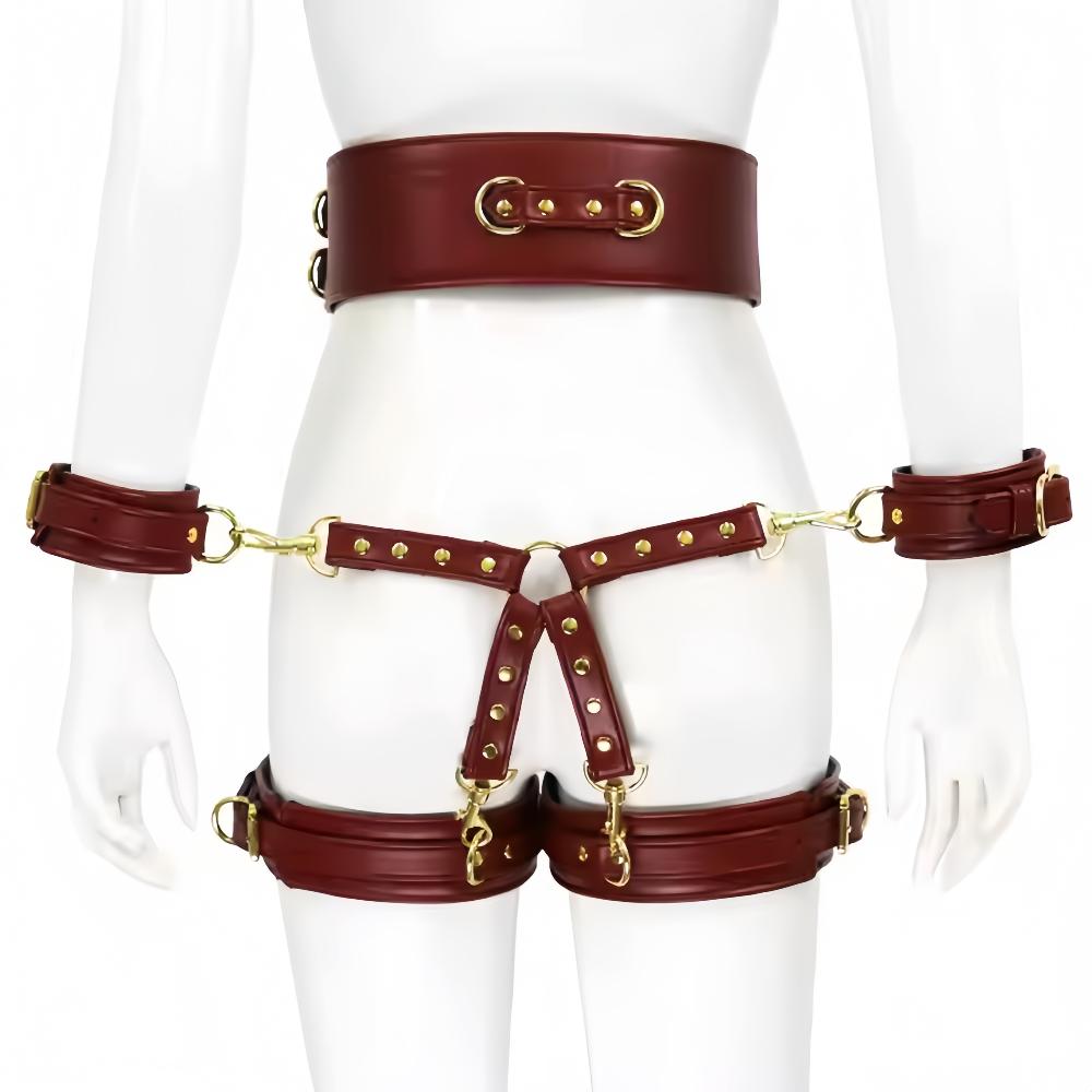 SM Bondage Set with Belt Wrist and Thigh Cuffs Cross Buckles Adult Play Bondage Handcuffs and Footcuffs Adjustable SM Erotica Se
