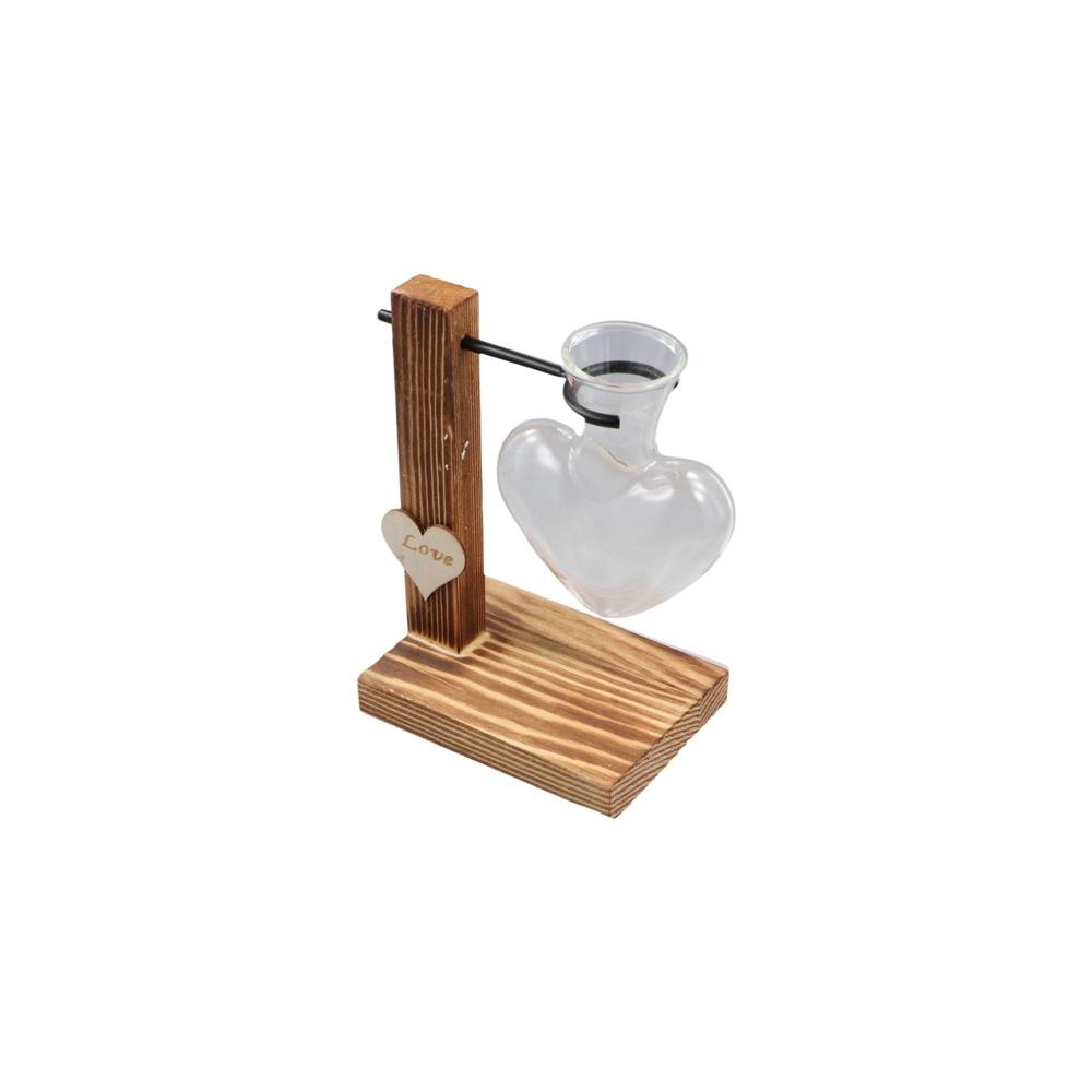 Herzförmige Hydroponik-Blumenvase Glas Transparente Glasvase Vase mit Holzrahmen Balkon