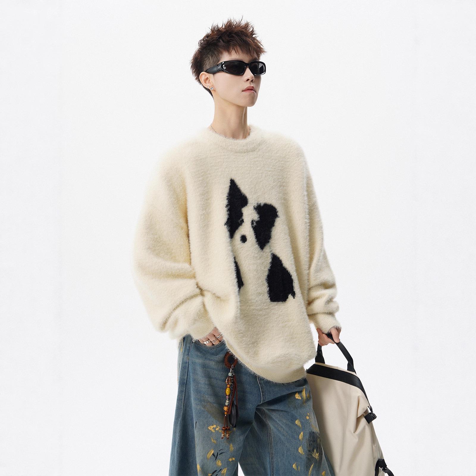 Men s Cartoon Puppy Mink Velvet Knit Pullover - Winter Round Neck Casual Sweater for Couples S