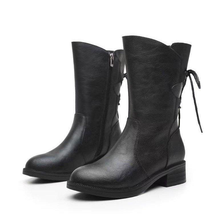 Soft leather Martin boots thickened new medium boots women's 2025 autumn and winter velvet warm medium heel thick heel women's cotton shoes