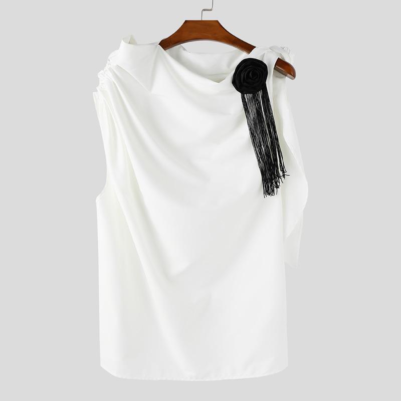 

INCERUN Мужские майки оверсайз с отложным воротником, без рукавов, с цветочной кисточкой и оборками, повседневные 2XL белый