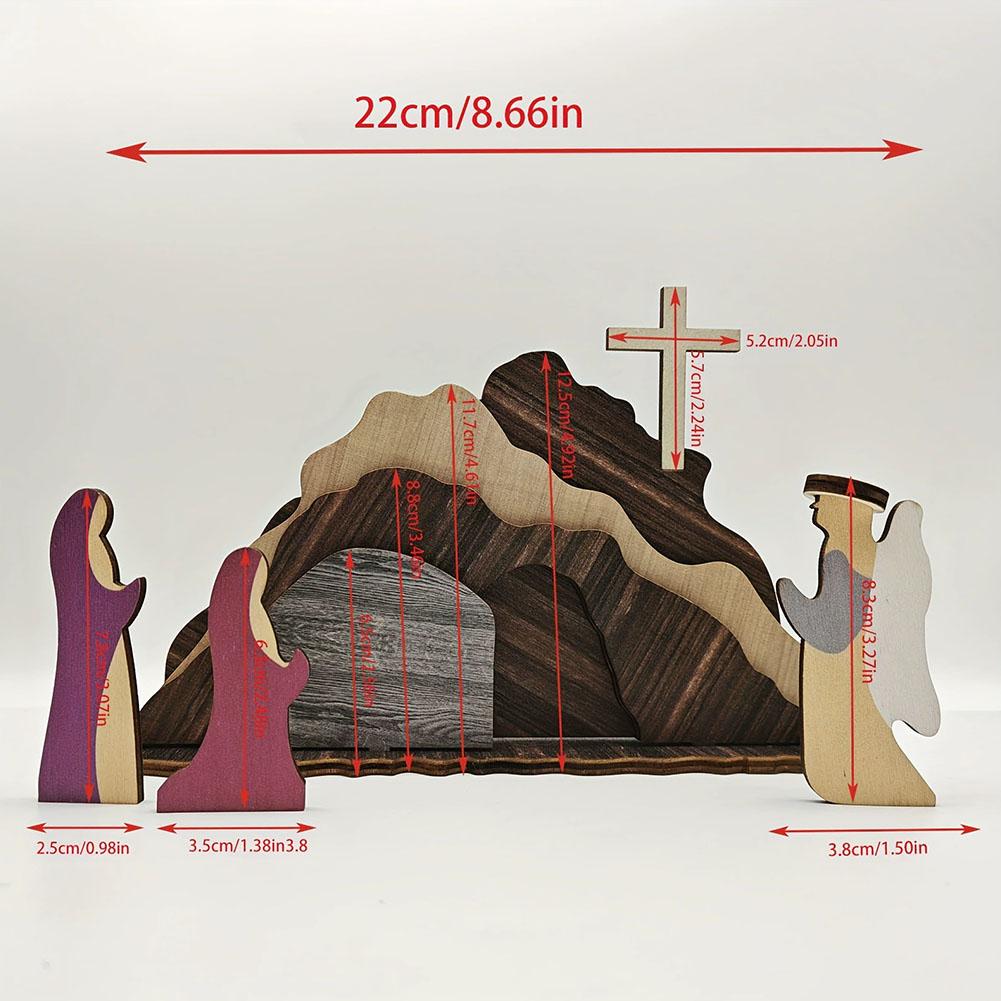 Wooden Easter Resurrection Scene Set Empty Tomb Cross Jesus Statue Christian Home Tabletop Tiered Tray Decor Religious Gift