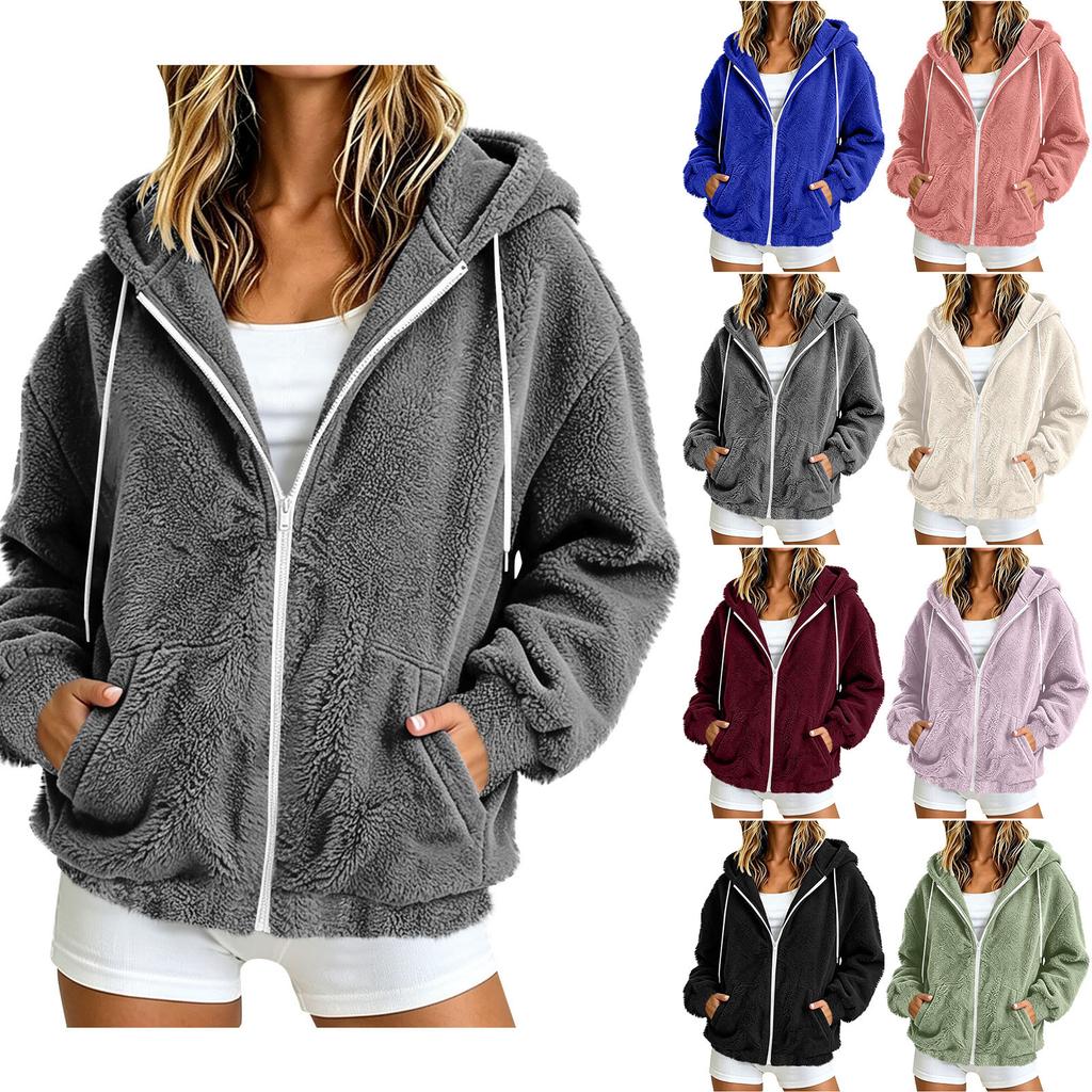 Women's Color Hooded Zip-Up Jacket with, Loose Fit Long Sleeve Casual Warm Coat