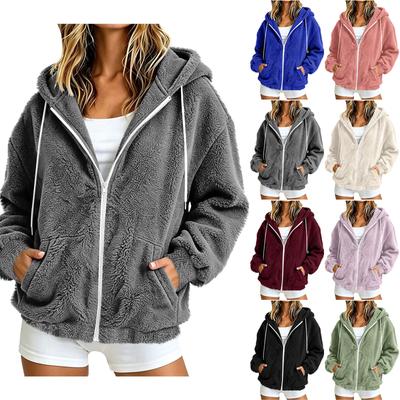 Women's Color Hooded Zip-Up Jacket With, Loose Fit Long Sleeve Casual Warm Coat