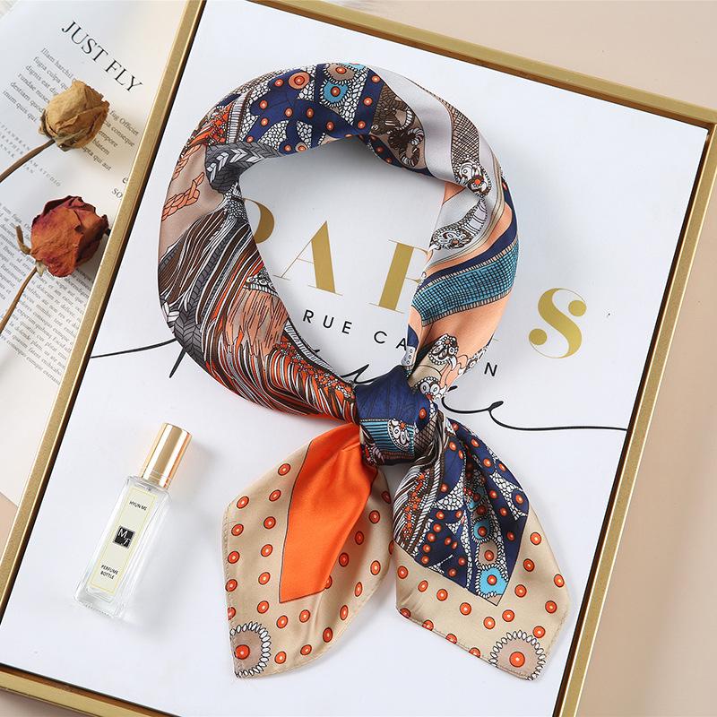 Luxury Spring New Imitated Silk Scarf Women Fashion 70cm Print Square Scarf Soft Satin Headband Shawl Wrap Hijab Foulard Ribbon