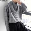 INCERUN Men Stand Collar with Adjustable Scarf Long Sleeve Plaid Loose Oversized Tops Shirts