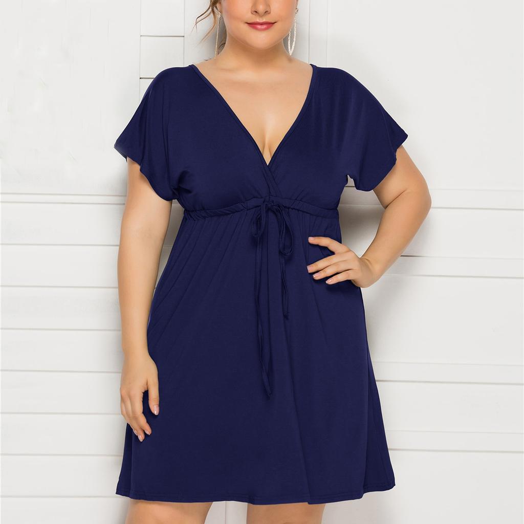 Women's Casual High Waist Belly Concealing V-Neck Drawstring Plus Size Dress
