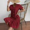 Women's Summer Cotton Linen Midi Short Sleeve Dress Casual V-Neck Button Down