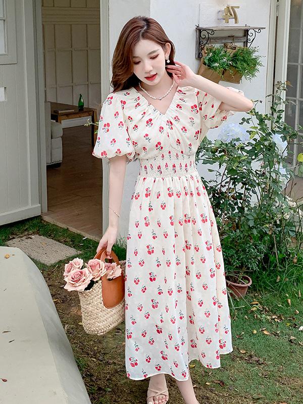 Women's Summer Floral Puff Sleeve Long Dress: Ladylike, Age-Reducing, Slimming Waist, Elegant Collared Design.