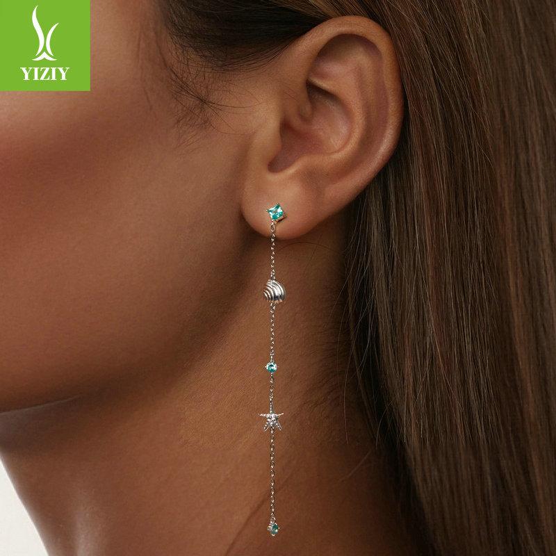 Green Starfish Ocean Wind Stud Earrings Female, Long Advanced Sense S925 Silver Fringed Earrings