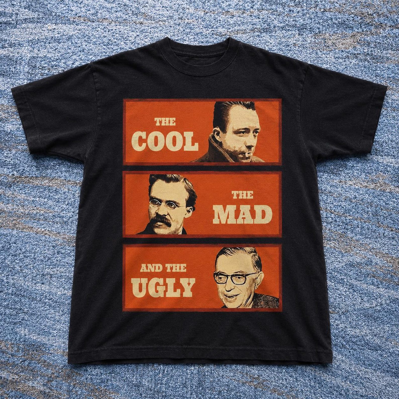 Philosophy T-Shirt — Camus Sartre Nietzsche Portrait Tee | Existentialism Gift M