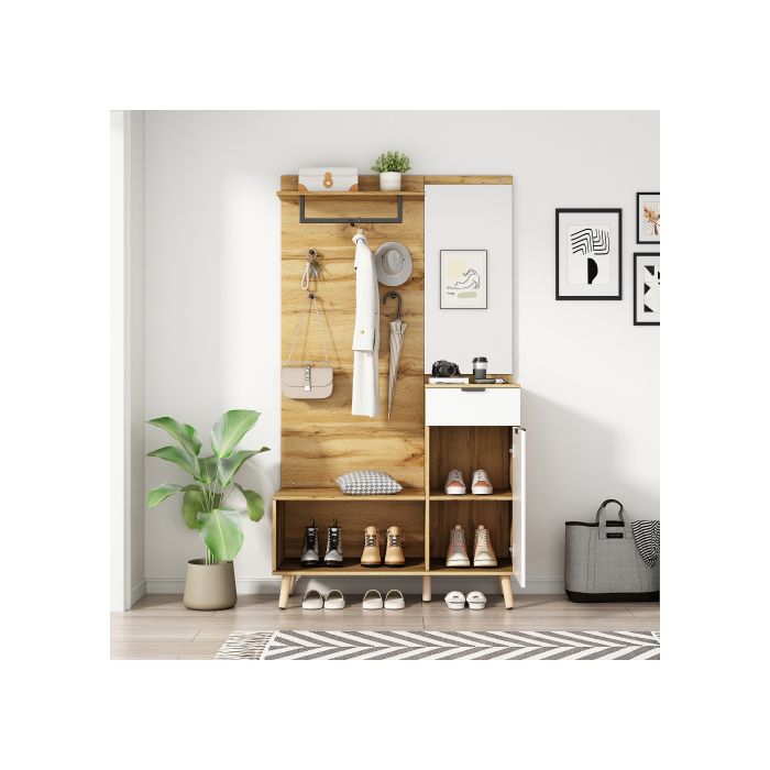 Ensemble vestiaire - MUVOE - 190 cm - Miroir - Banc à chaussures - Armoire à chaussures