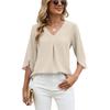 Women's V Neck 3/4 Split Sleeve Blouse Loose Fit Front Pleated Detail Casual Solid Chiffon Top