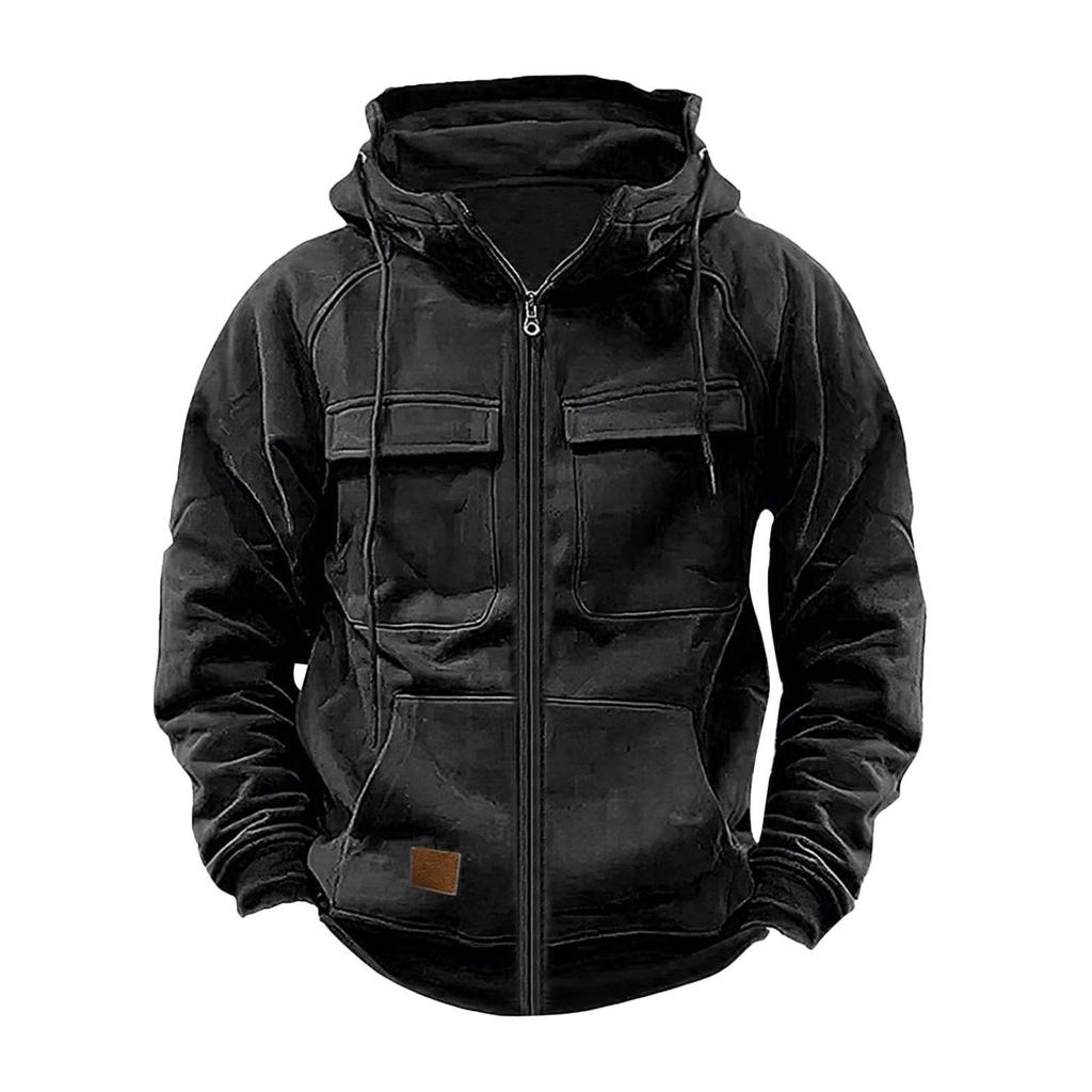 Men's Retro Leather Patch Hooded Sweatshirt - Solid Color, Cross-Border, Autumn/Winter Collection