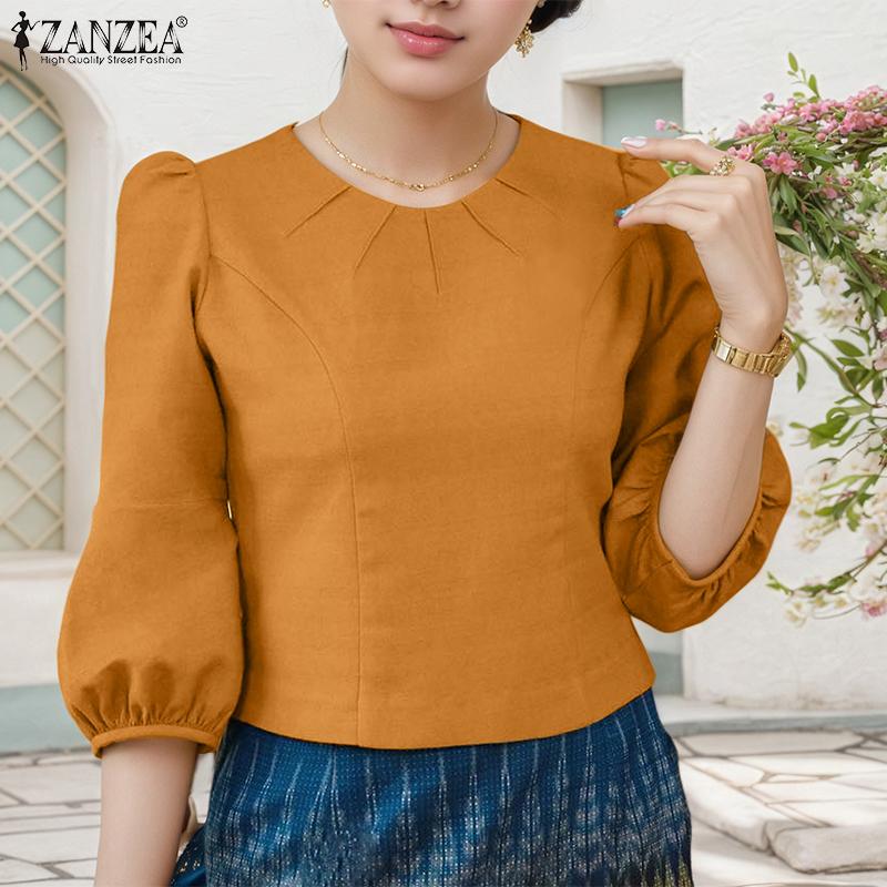 ZANZEA Women Casual Round Neck Solid Color 3/4 Sleeve Blouse