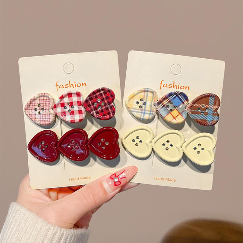 Süße Karomuster Liebe Knopf Haarspange Seitenpony Girly Niedlich Entenschnabel-Clip Haaraccessoires