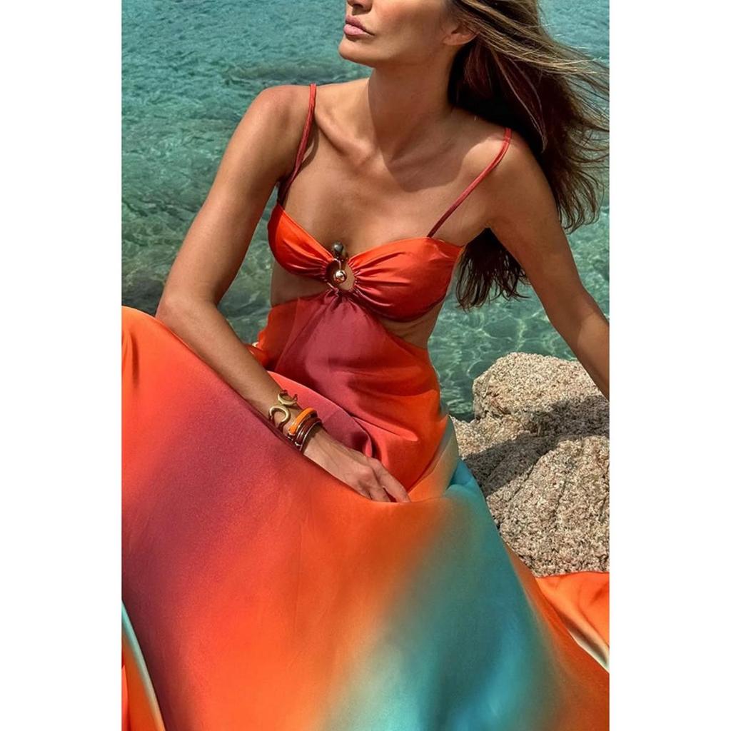 Sexy Gradient Sling Strand Langes Kleid Frauen Vintage Ärmelloses Schnüren Aushöhlen Rohr Kleider Weibliche Chic Street Party Urlaub