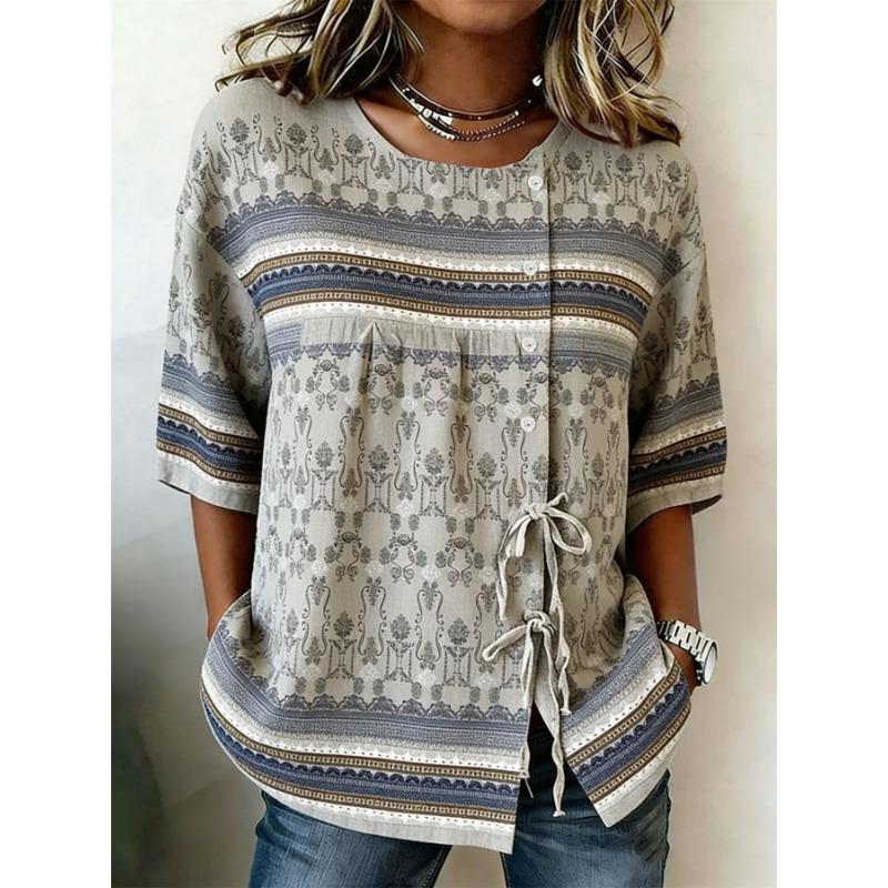 Women's Boho Geometric Print Casual Blouse, Button Tie Front Loose Top for Spring Summer Daily Wear