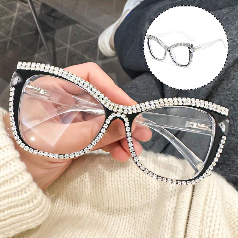 Large Frame Cat-Eye Anti-Blue Light Reading Glasses with Handmade Diamond Decoration